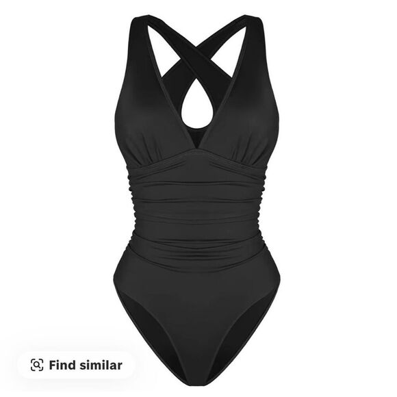 Shapellx Sculpt Ruched Plunge Shaping Tummy Control Swimsuit Black - Picture 5 of 7